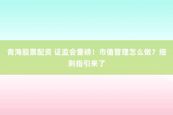 青海股票配资 证监会重磅！市值管理怎么做？细则指引来了